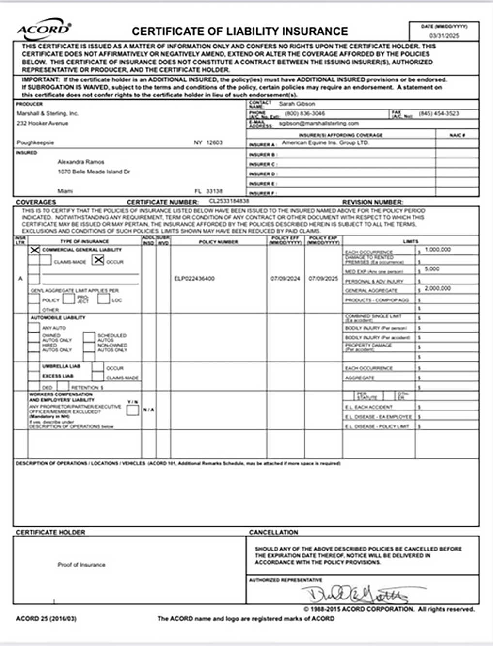 Certificate of Liability Insurance | Ale Ramos Therapy Animals