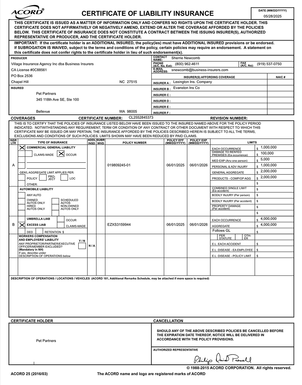 Certificate of Liability Insurance | Ale Ramos Therapy Animals